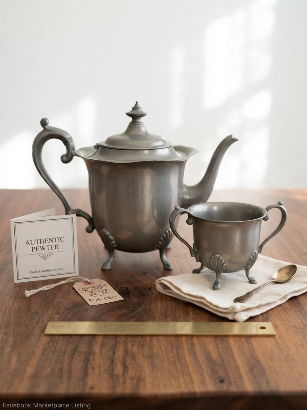 Authentic Pewter Tea Set - Gray Pewter Teapot and Sugar Bowl